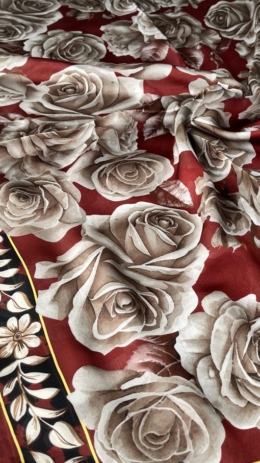 Rose Desen Hint İpeği Şal- Bordo