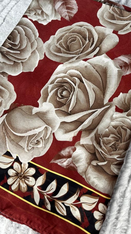 Rose Desen Hint İpeği Şal- Bordo