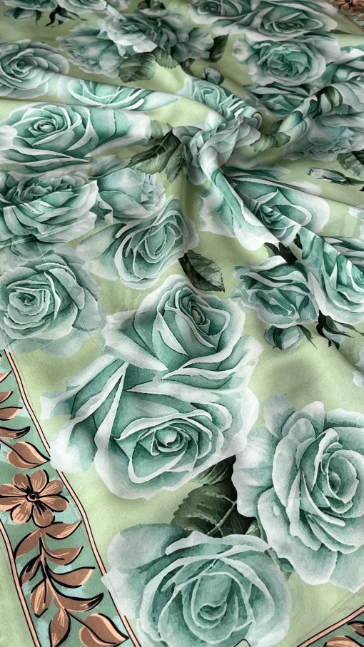 Rose Desen Hint İpeği Şal- Su Yeşili