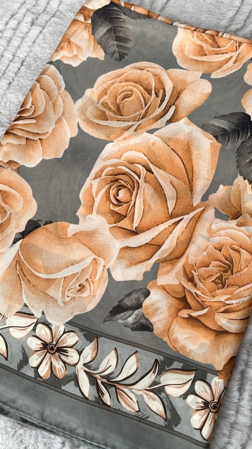 Rose Desen Hint İpeği Şal- Açık Füme