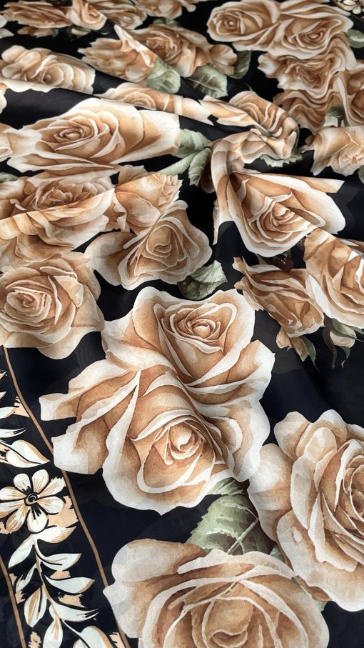 Rose Desen Hint İpeği Şal- Siyah Vizon
