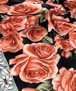 Rose Desen Hint İpeği Şal- Siyah Somon