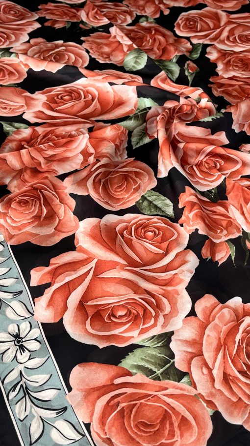 Rose Desen Hint İpeği Şal- Siyah Somon
