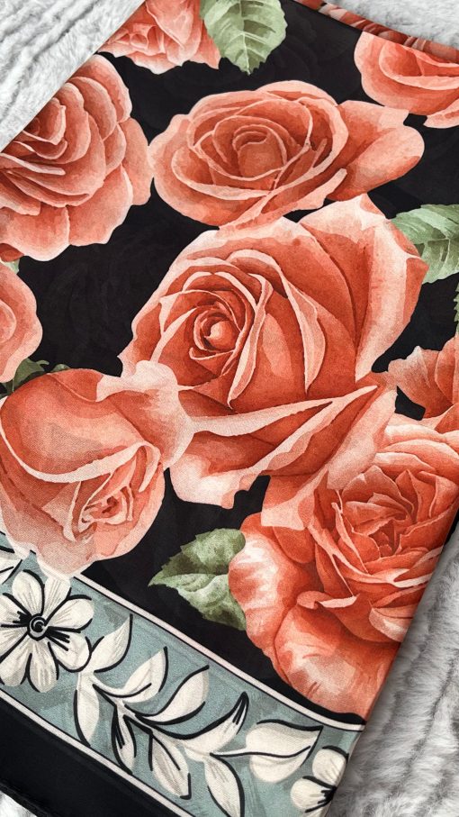 Rose Desen Hint İpeği Şal- Siyah Somon.