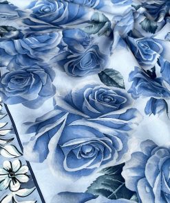 Rose Desen Hint İpeği Şal- Mavi