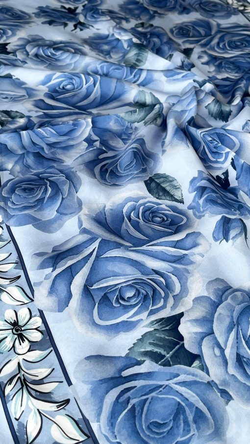 Rose Desen Hint İpeği Şal- Mavi