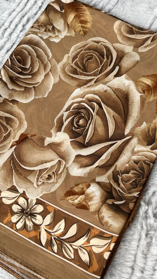 Rose Desen Hint İpeği Şal- Kahve