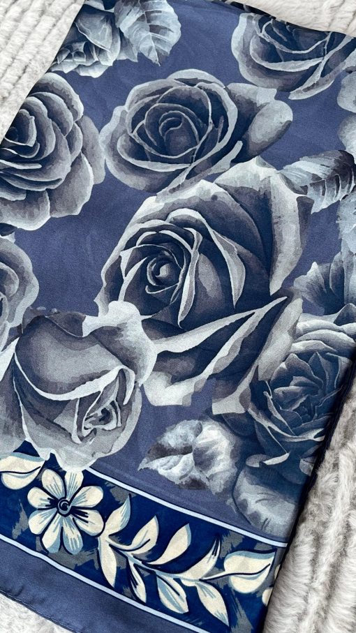 Rose Desen Hint İpeği Şal- İndigo