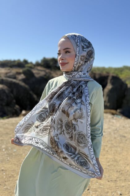 Rose Desen Hint İpeği Şal - Gümüş