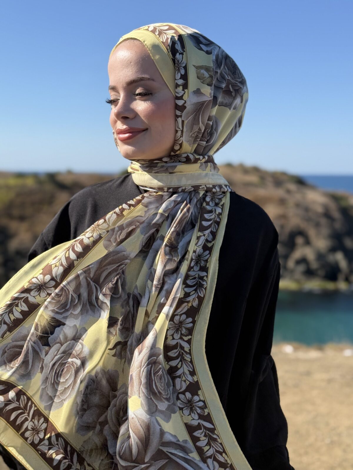 Rose Desen Hint İpeği Şal - Kahve Sarı