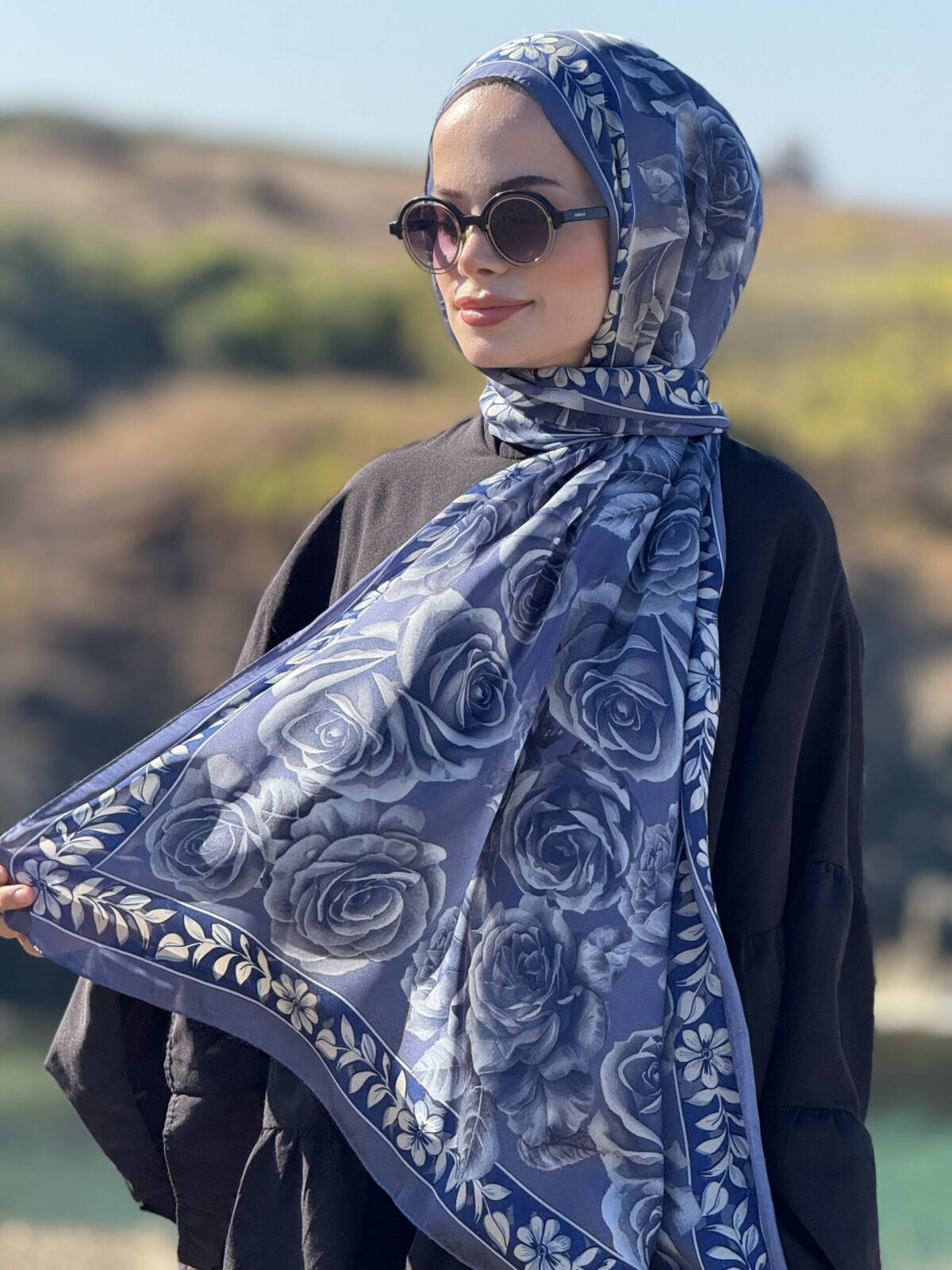 Rose Desen Hint İpeği Şal - İndigo