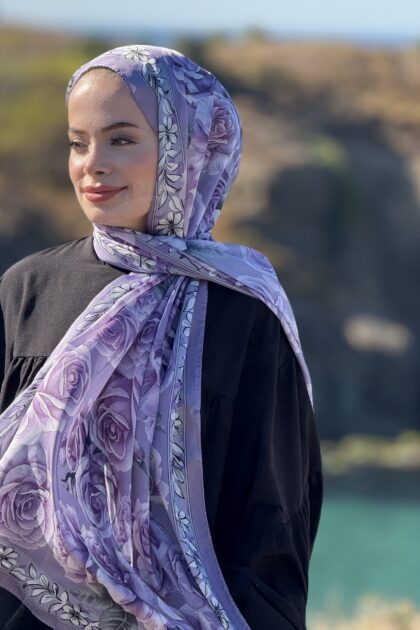 Rose Desen Hint İpeği Şal - Lila