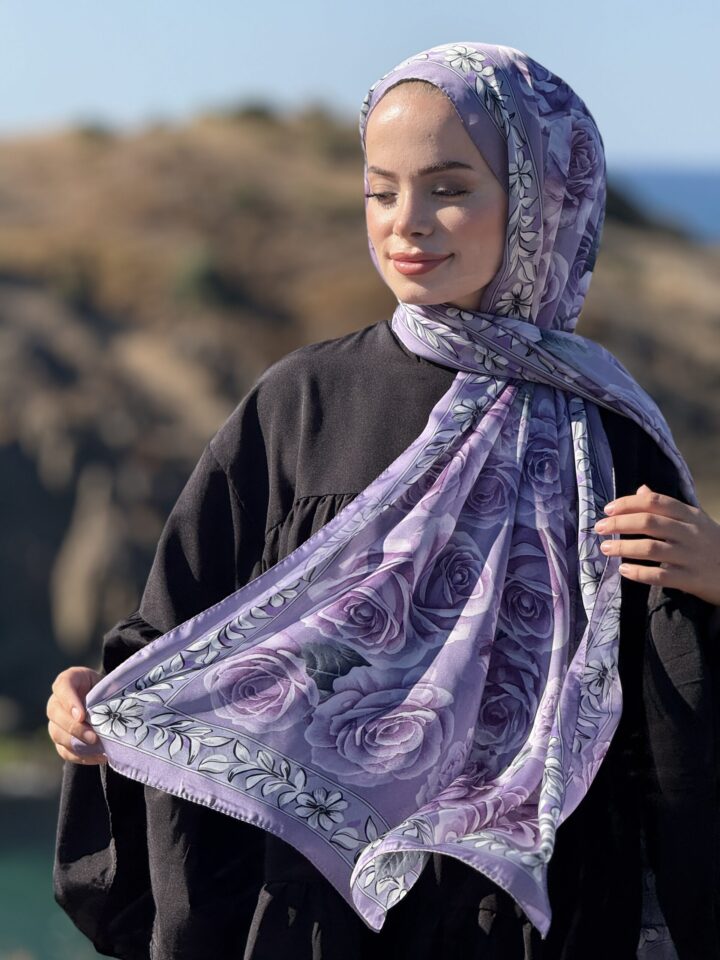 Rose Desen Hint İpeği Şal - Lila