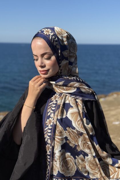 Rose Desen Hint İpeği Şal - Lacivert