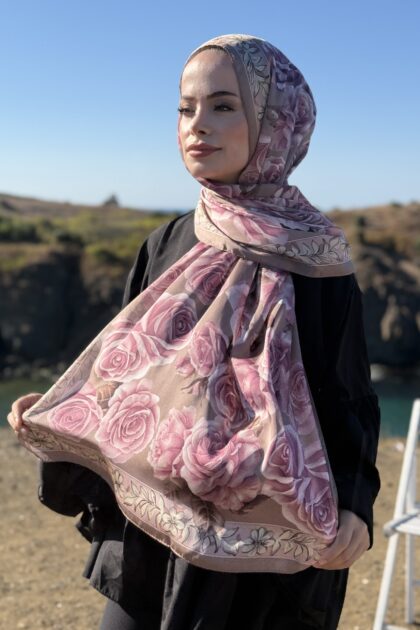 Rose Desen Hint İpeği Şal - Vizon Pudra