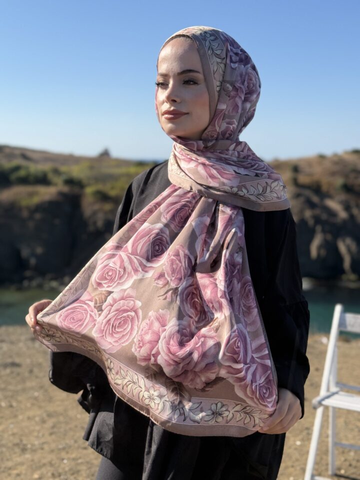 Rose Desen Hint İpeği Şal - Vizon Pudra