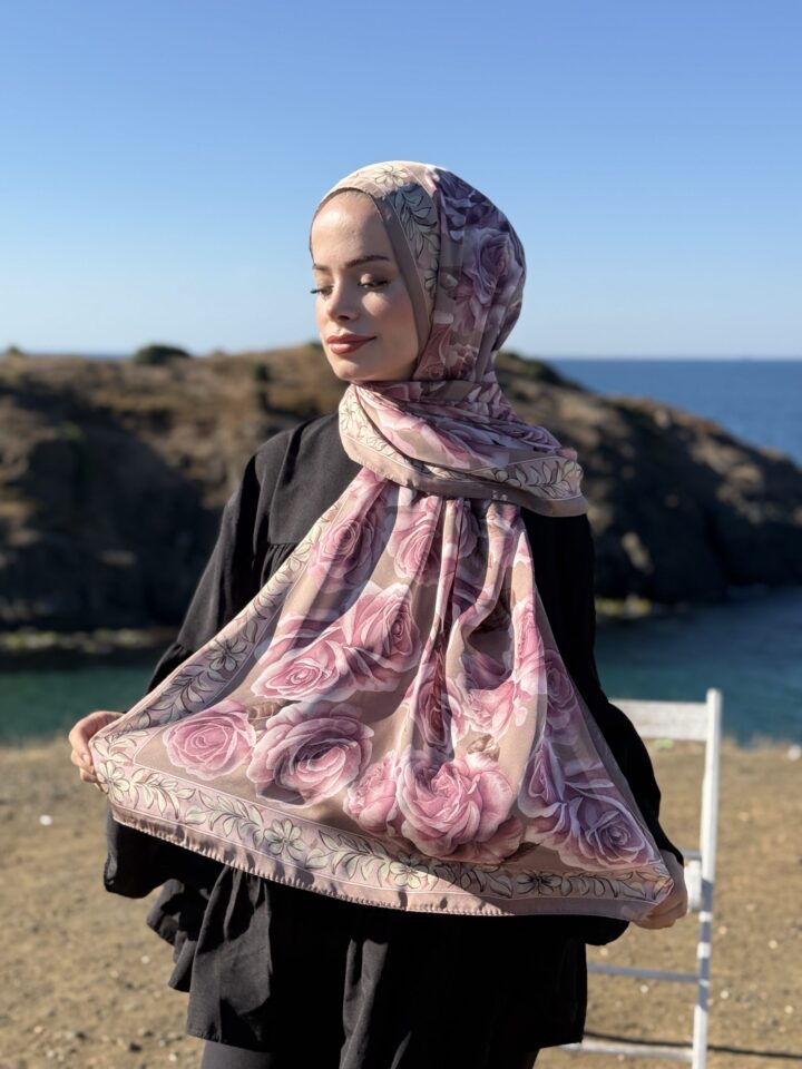 Rose Desen Hint İpeği Şal - Vizon Pudra