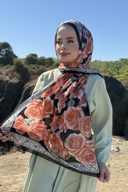 Rose Desen Hint İpeği Şal - Siyah Somon
