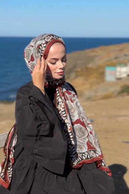 Rose Desen Hint İpeği Şal - Bordo
