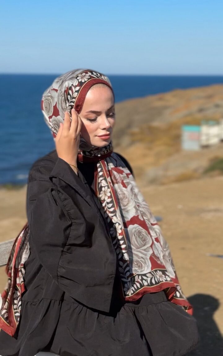 Rose Desen Hint İpeği Şal - Bordo