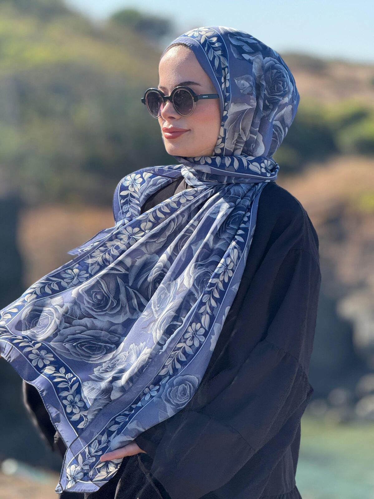 Rose Desen Hint İpeği Şal - İndigo