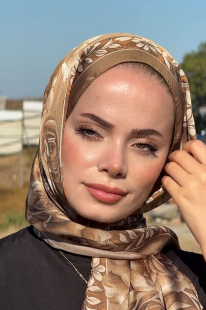 Rose Desen Hint İpeği Şal - Kahve