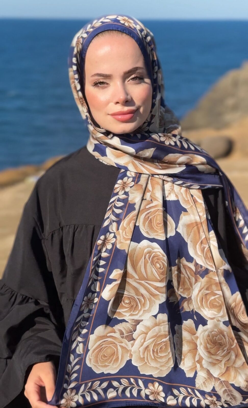 Rose Desen Hint İpeği Şal - Lacivert