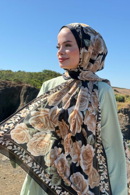 Rose Desen Hint İpeği Şal - Siyah Vizon