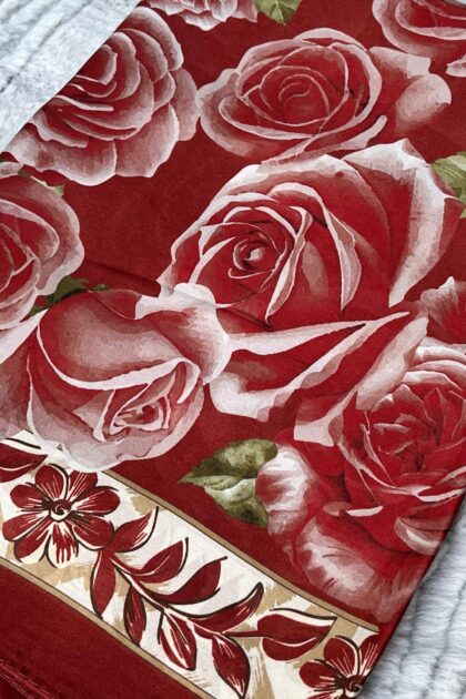 Rose Desen Hint İpeği Şal - Açık Bordo