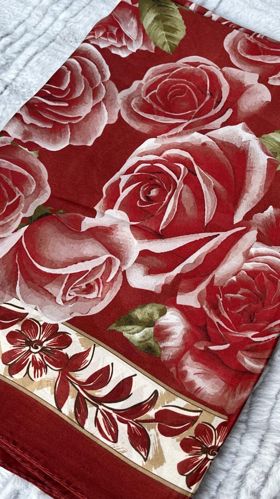 Rose Desen Hint İpeği Şal - Açık Bordo