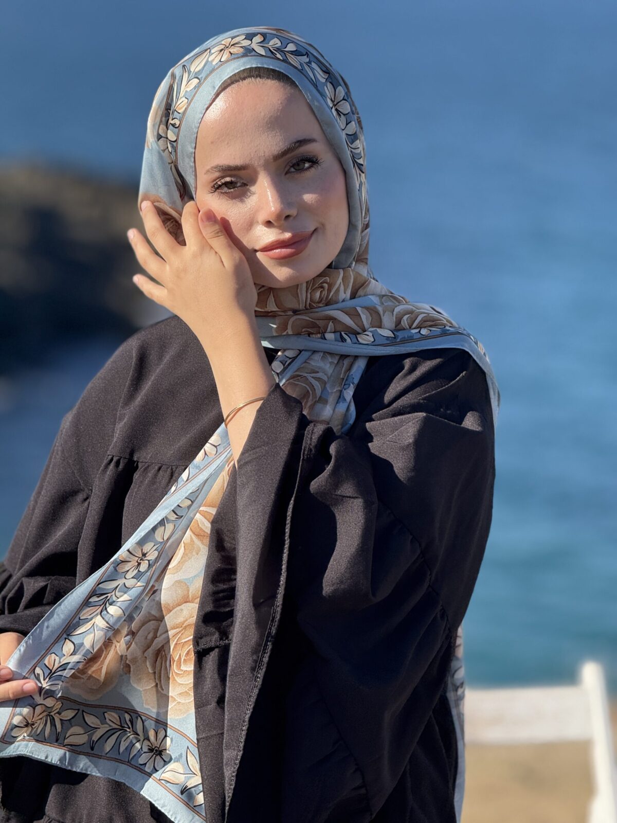 Rose Desen Hint İpeği Şal - Bebe Mavi