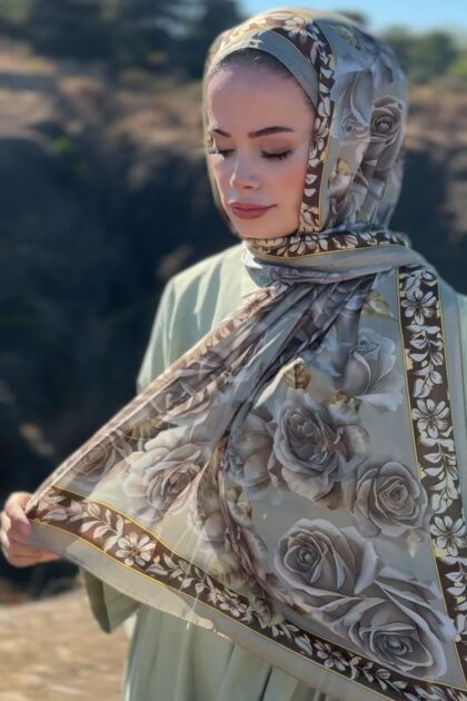 Rose Desen Hint İpeği Şal - Küf Yeşili