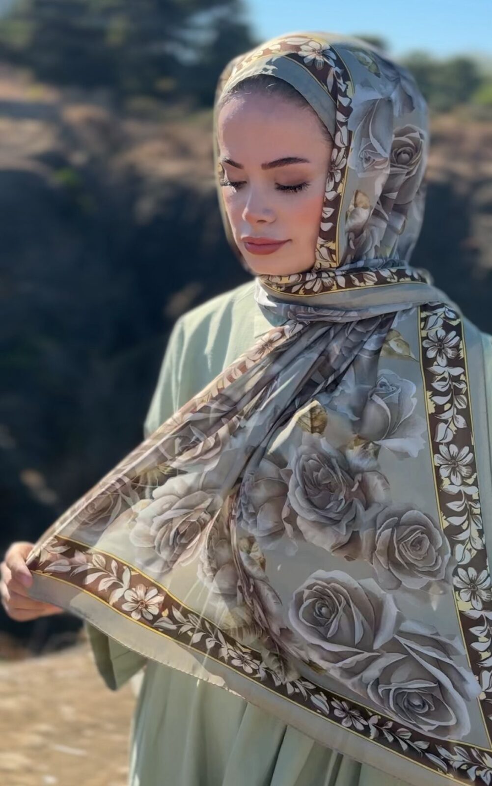 Rose Desen Hint İpeği Şal - Küf Yeşili