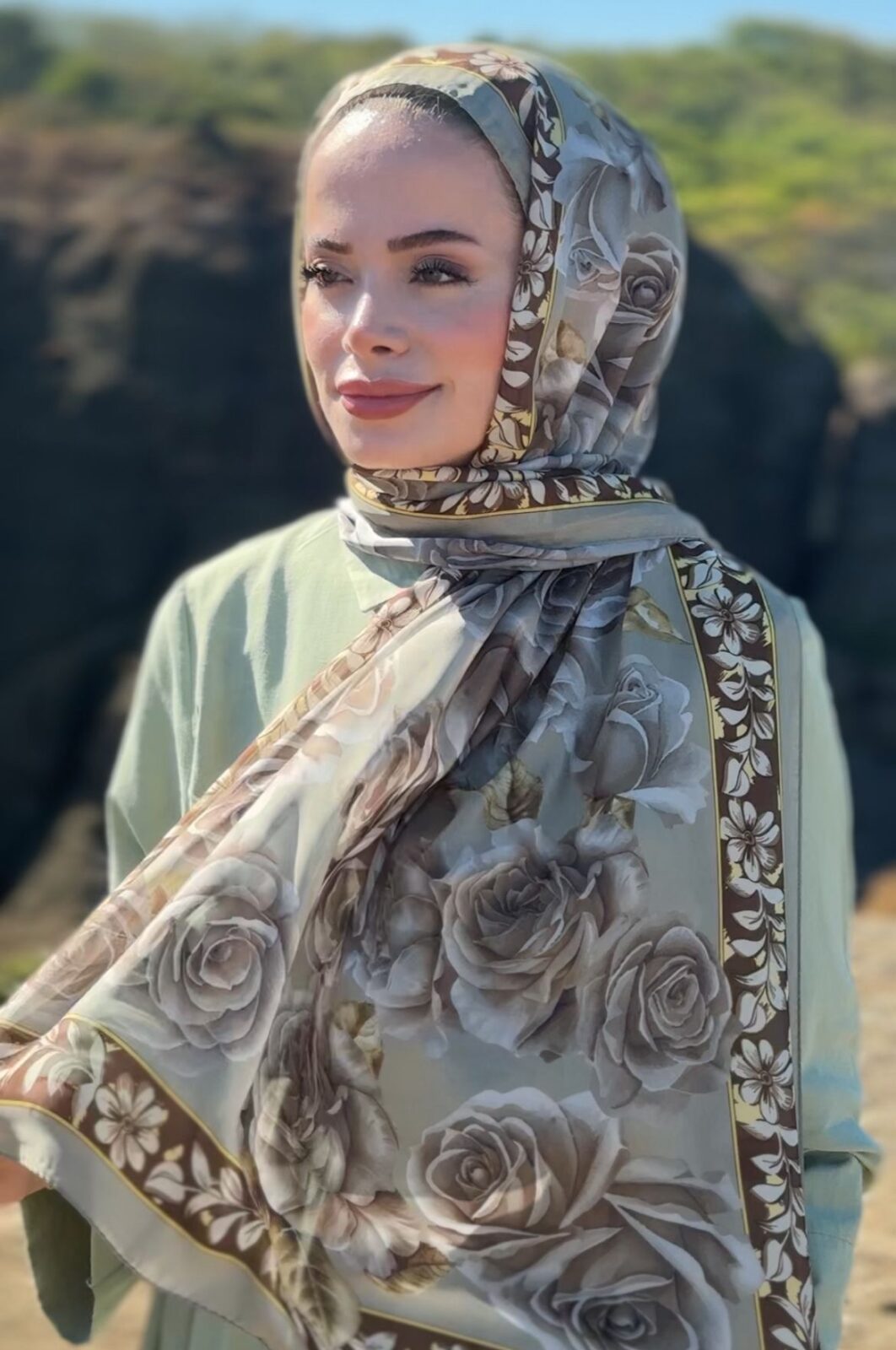 Rose Desen Hint İpeği Şal - Küf Yeşili